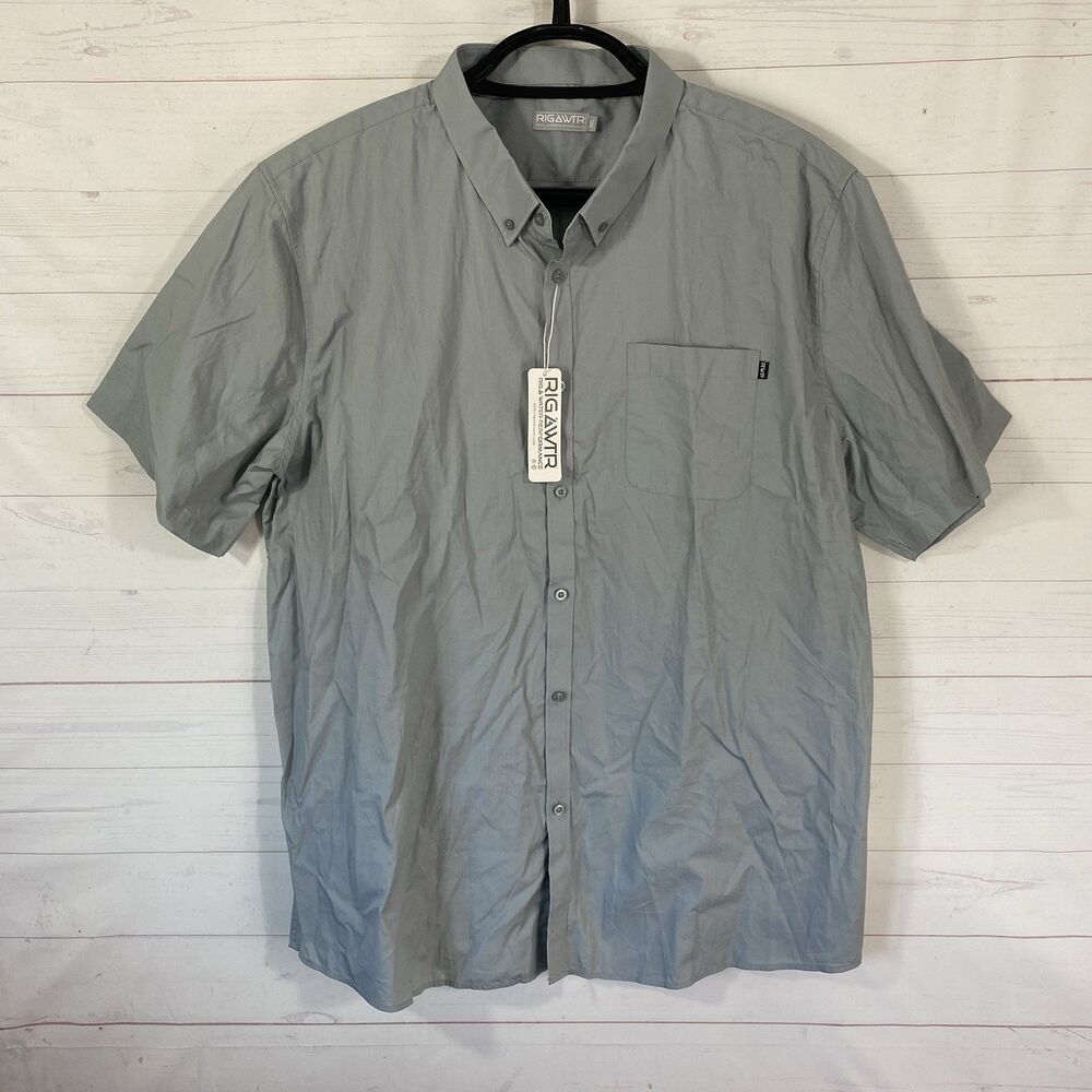 Rig & Water Mens Short Sleeve Cotton Button Front Shirt 3XL Light Gray Collared